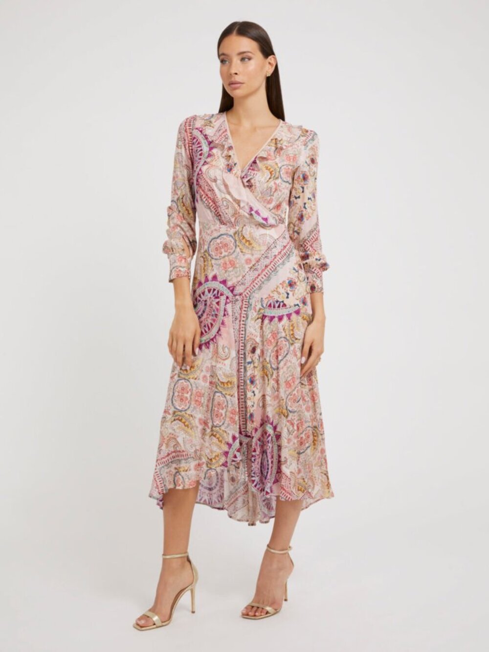 NWOT GUESS Paisley Floral Print Maxi Dress - S - Blush Pink, Boho, Long Sleeve